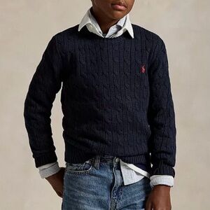 RALPH LAUREN Boys Navy Cable Knit Cotton Crewneck Sweater